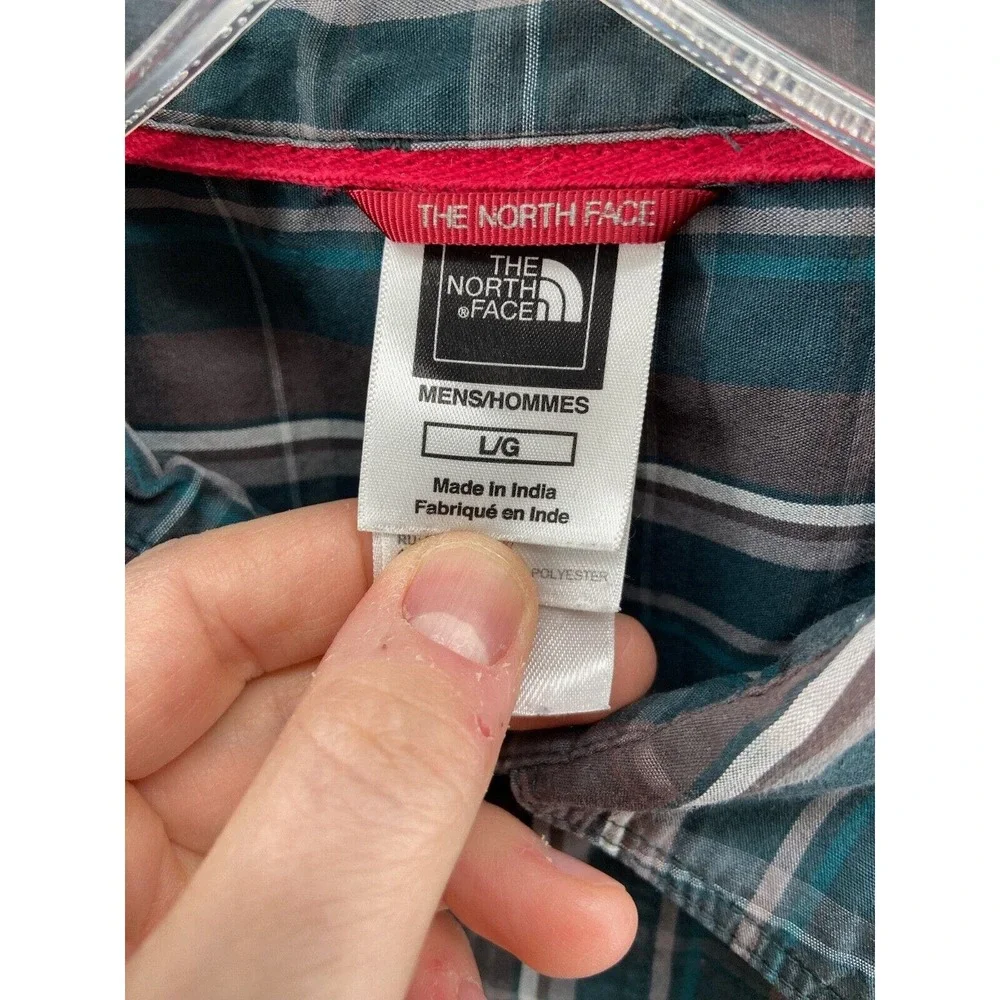 North Face Shirt Mens Sz L Green Gray‎ Plaid Button Up Cotton Collared Pockets